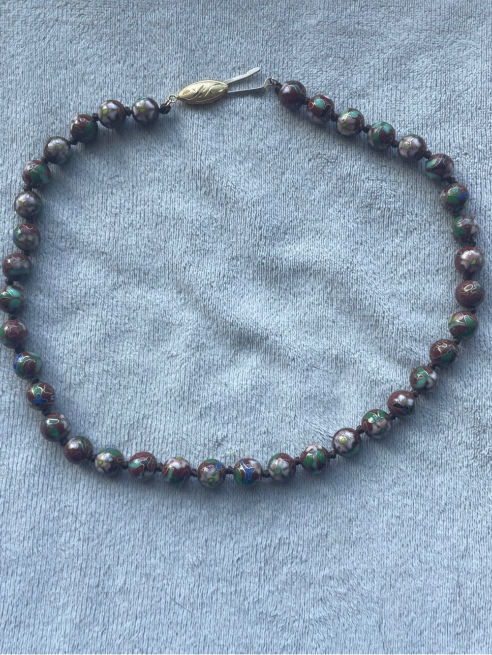 Cloisonné Beaded Necklace - Green & Brown Floral Beads